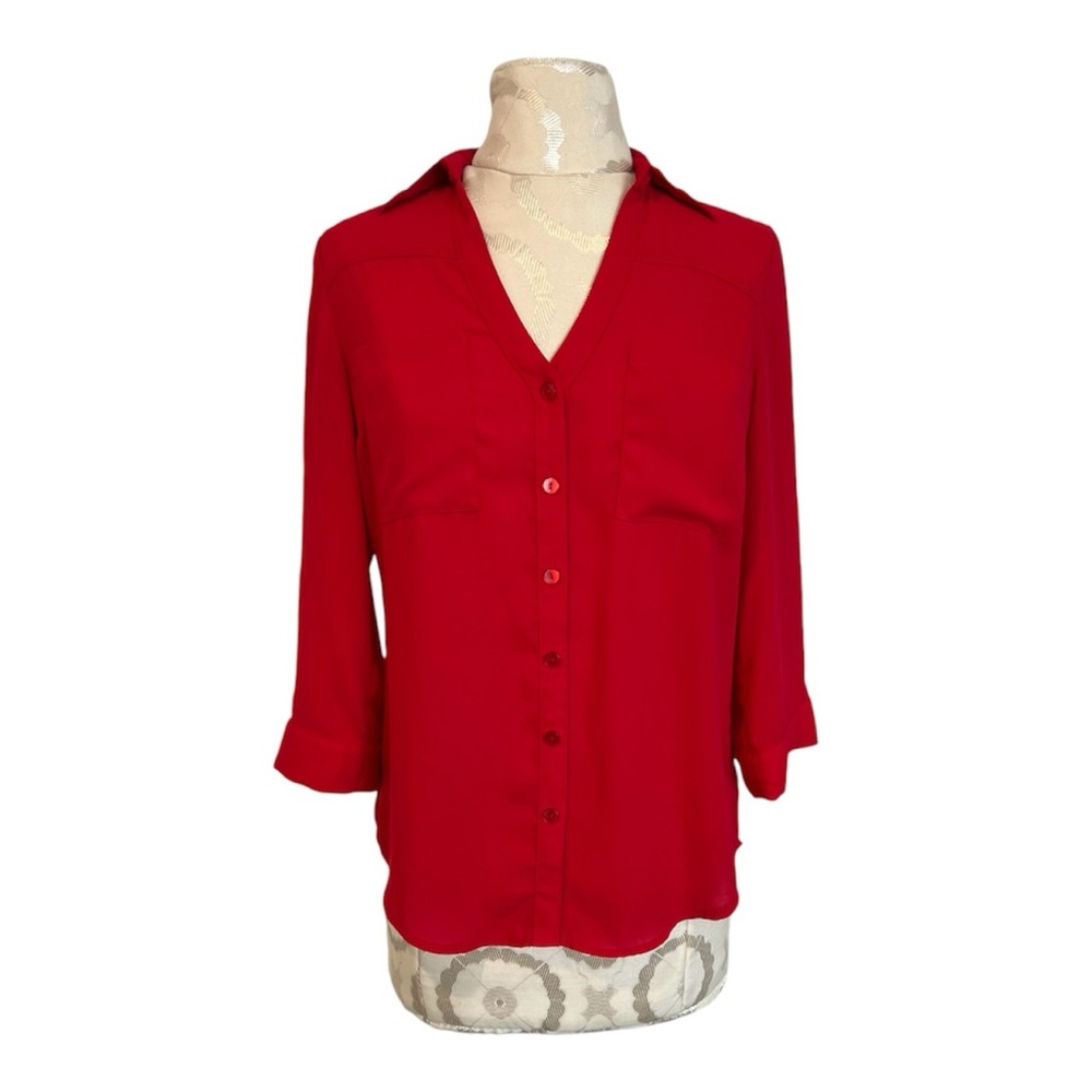 Red collared womens blouse with 3/4 sleeves